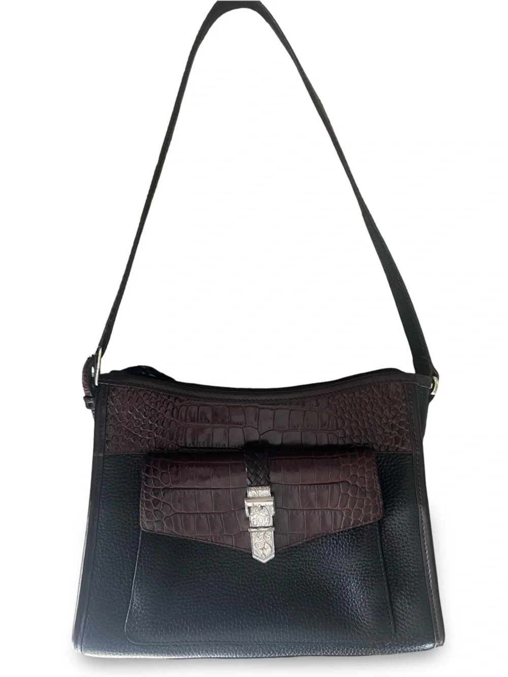 Brighton Collection Buckle Shoulder Bag Black and Tan with Croc Embossed Accents - Picture 15 of 15